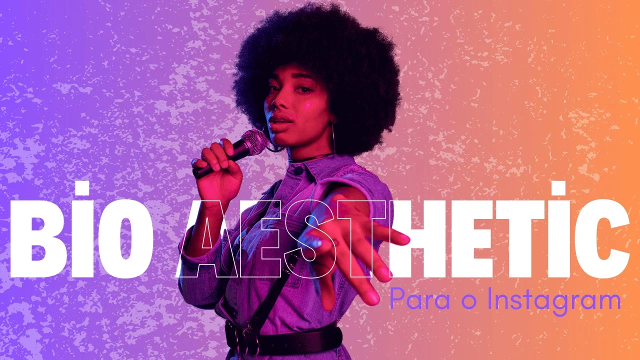 Mulher com microfone, fundo roxo-laranja, texto "bio aesthetic"