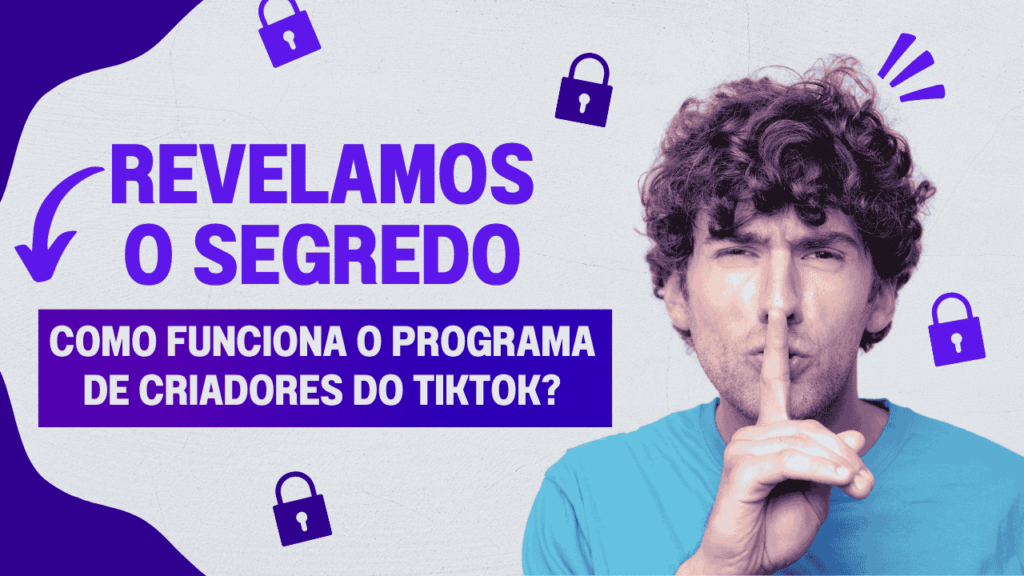 Homem com 'Revelamos o Segredo' em fundo branco e roxo.