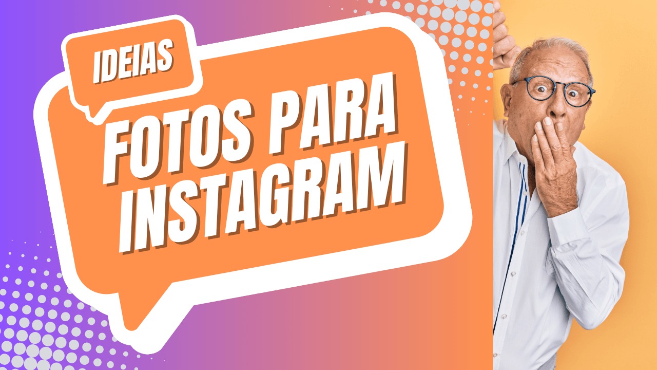 homem com cara de assustado com escrito fotos para instagram em fundo colorido