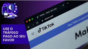 Site do TikTok com texto 'Use o tráfego pago ao seu favor' em fundo roxo