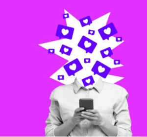 ilustração de pessoa mexendo em instagram com ícones de curtidas saindo de tela